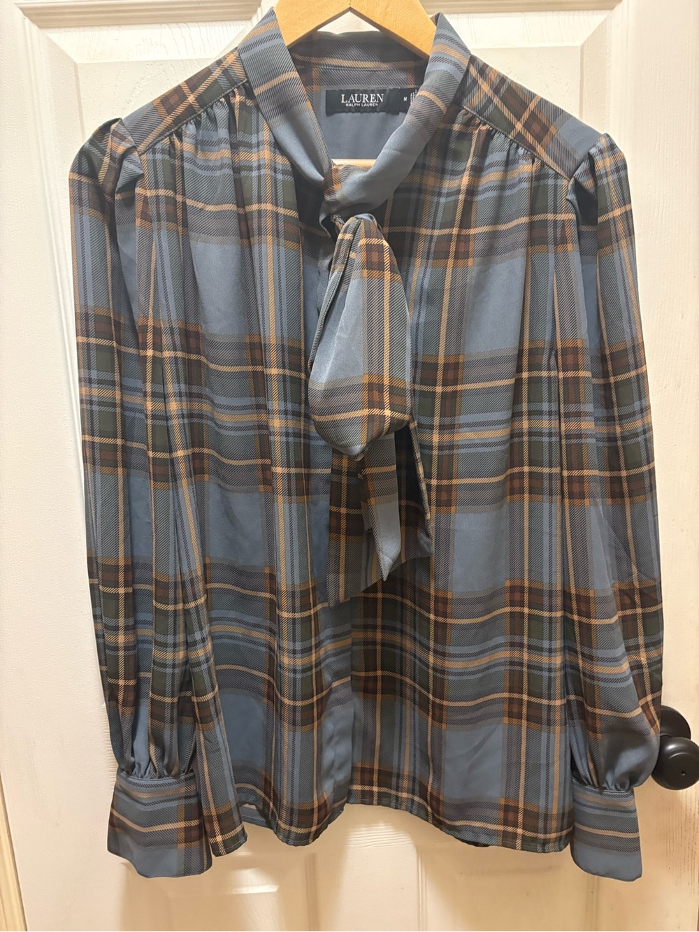 Lauren Ralph Lauren Plaid Tie Neck Bow Blouse Womans Sz M Blue Gray Brown - Picture 1 of 16